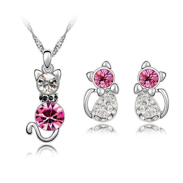 Austrian Crystal Cat Necklace & Earrings Fashion Jewelry Set