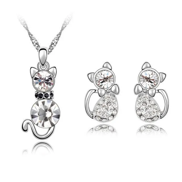 Austrian Crystal Cat Necklace & Earrings Fashion Jewelry Set