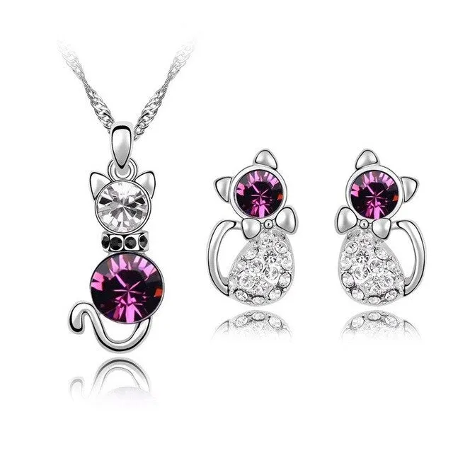 Austrian Crystal Cat Necklace & Earrings Fashion Jewelry Set