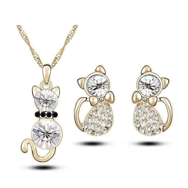 Austrian Crystal Cat Necklace & Earrings Fashion Jewelry Set