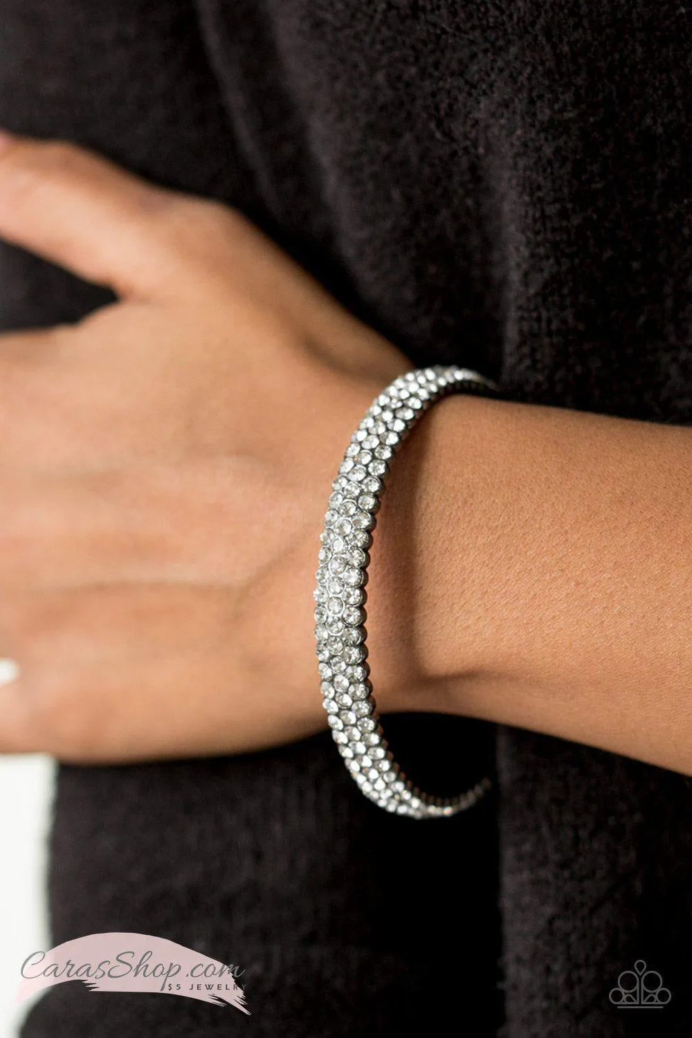 Ballroom Bling Gunmetal White Rhinestone Bangle Bracelet - Paparazzi Accessories