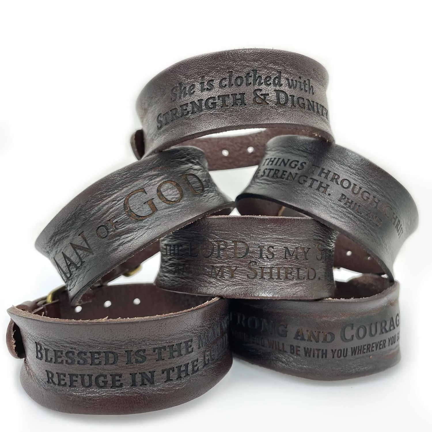 Be Strong and Courageous Joshua 1:9 Laser-Engraved Brown Leather Scripture Bracelet with Watch Band Clasp