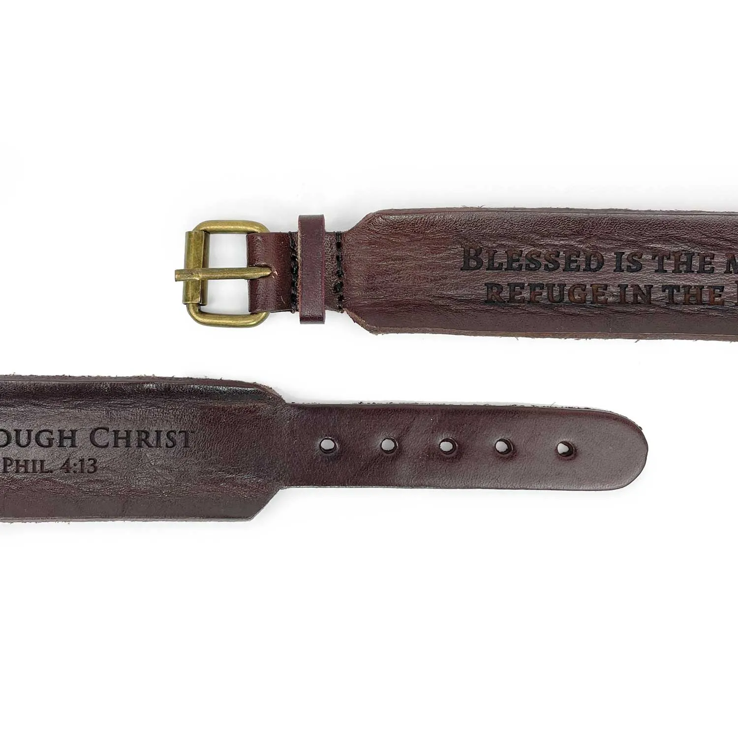 Be Strong and Courageous Joshua 1:9 Laser-Engraved Brown Leather Scripture Bracelet with Watch Band Clasp