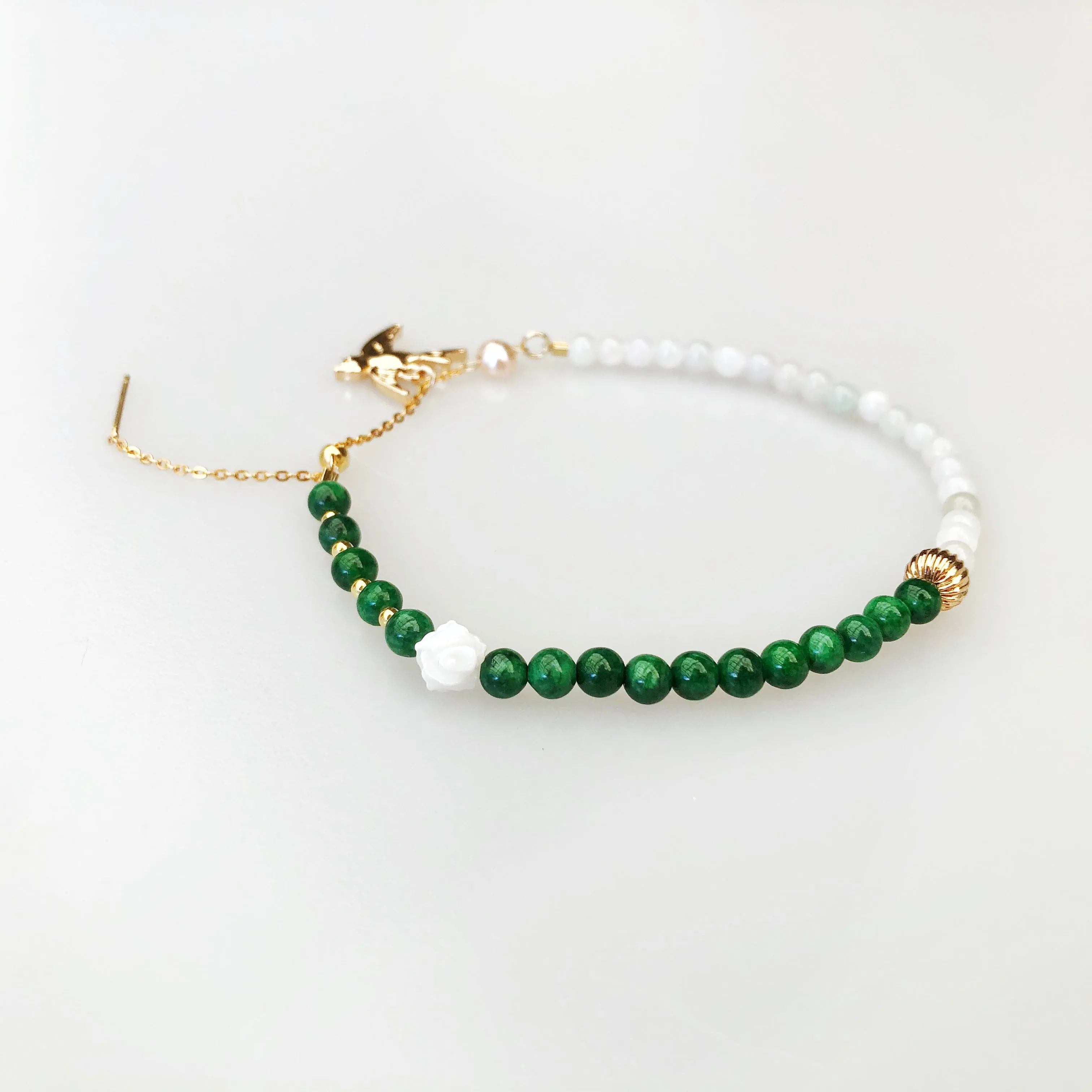 Beaded Bird and Flower Jadeite Bracelet