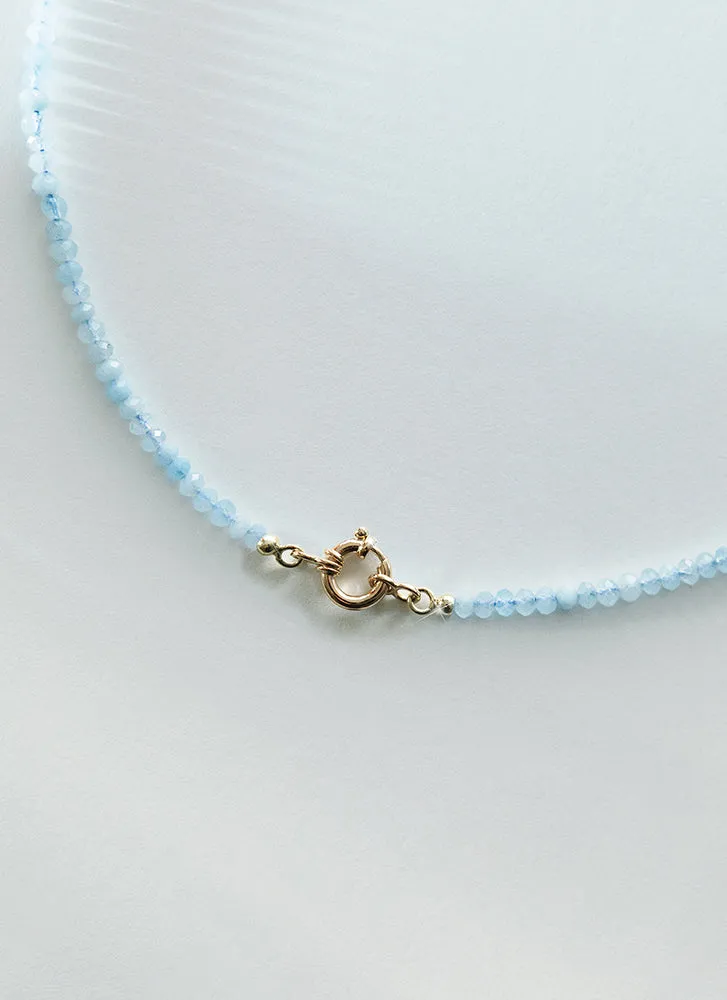 Bella aquamarine necklace with front lock 14k gold