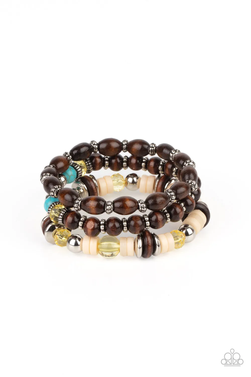 Belongs In The Wild - Brown Wooden and Turquoise Stone Stretchy Bracelet Paparazzi