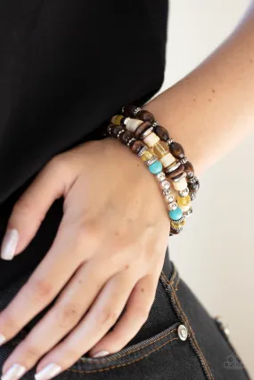 Belongs In The Wild - Brown Wooden and Turquoise Stone Stretchy Bracelet Paparazzi