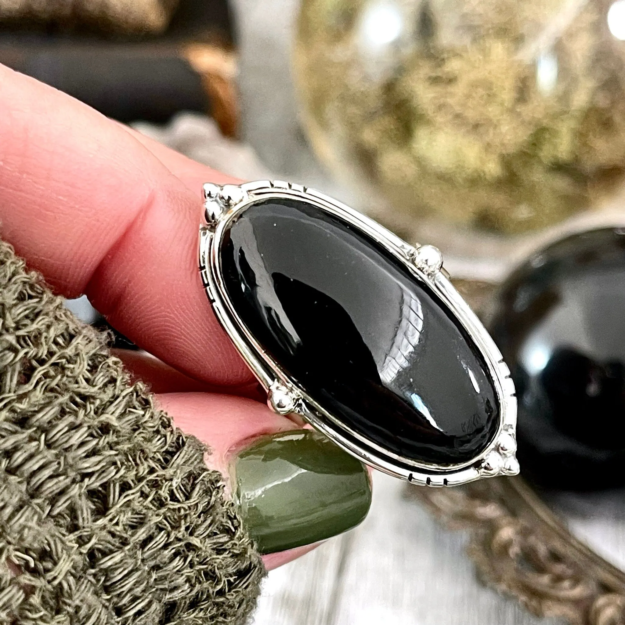 Black Onyx Oval Crystal Statement Ring in Sterling Silver - Designed by FOXLARK Collection Adjustable to Size 6 7 8 9 | Stone Ring