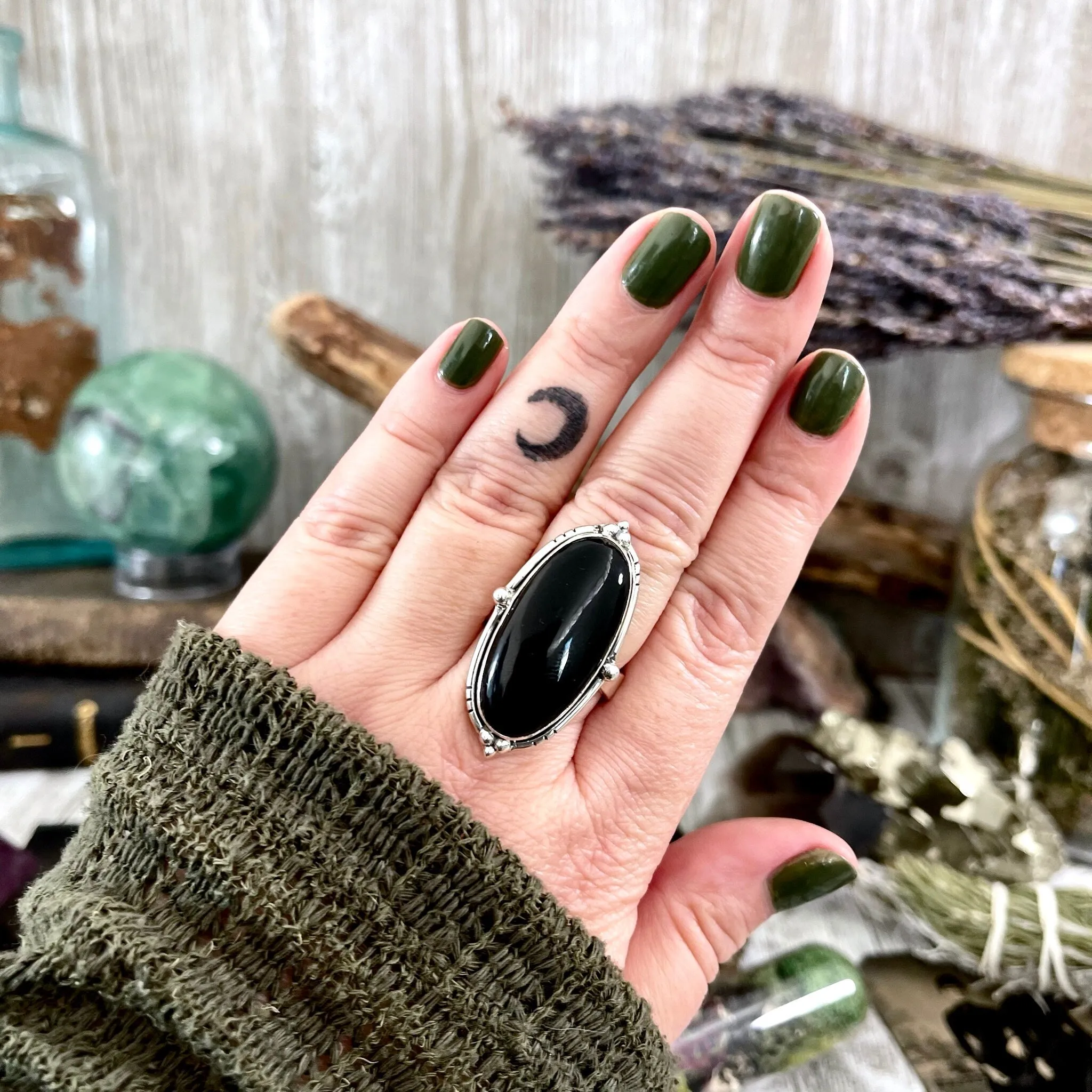 Black Onyx Oval Crystal Statement Ring in Sterling Silver - Designed by FOXLARK Collection Adjustable to Size 6 7 8 9 | Stone Ring