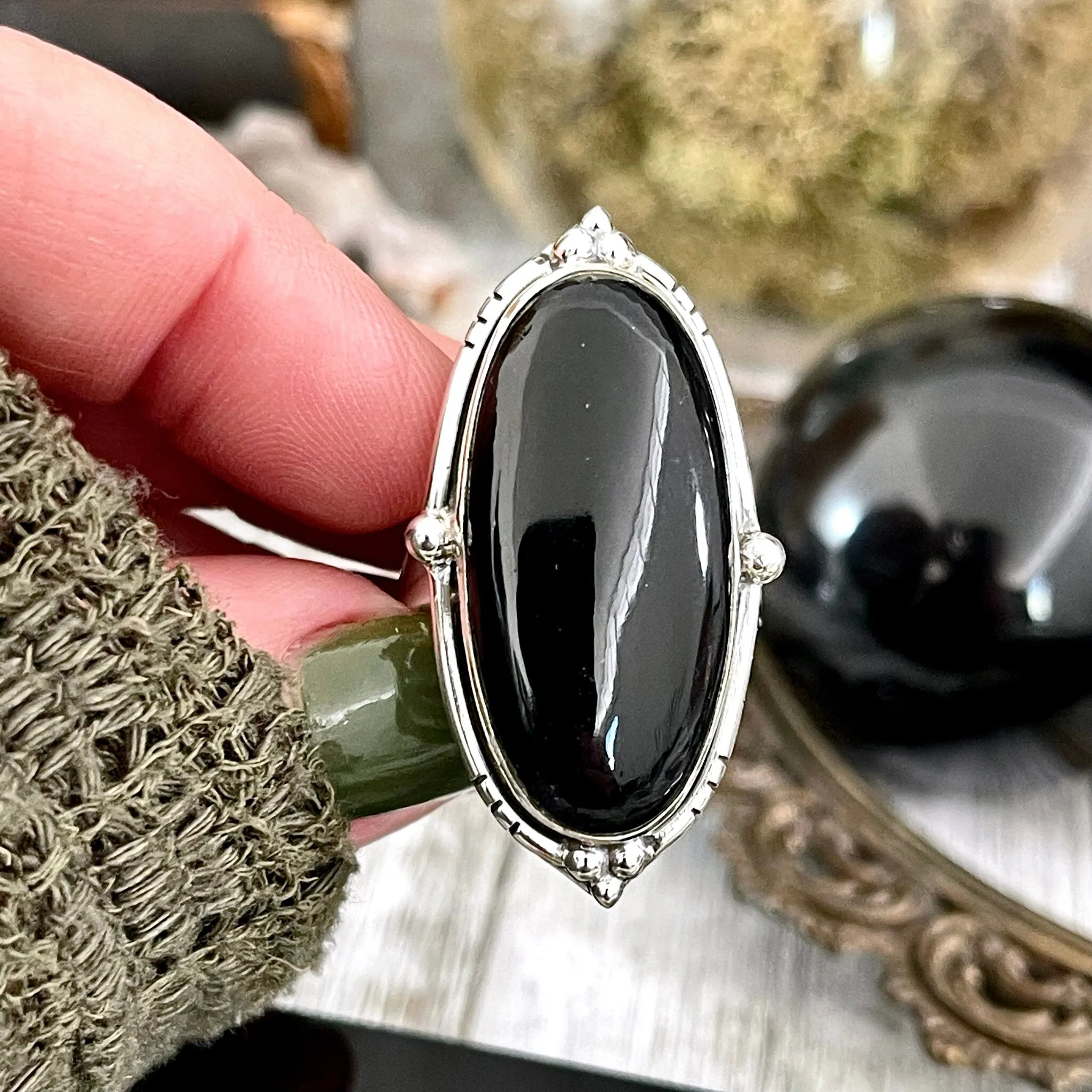 Black Onyx Oval Crystal Statement Ring in Sterling Silver - Designed by FOXLARK Collection Adjustable to Size 6 7 8 9 | Stone Ring