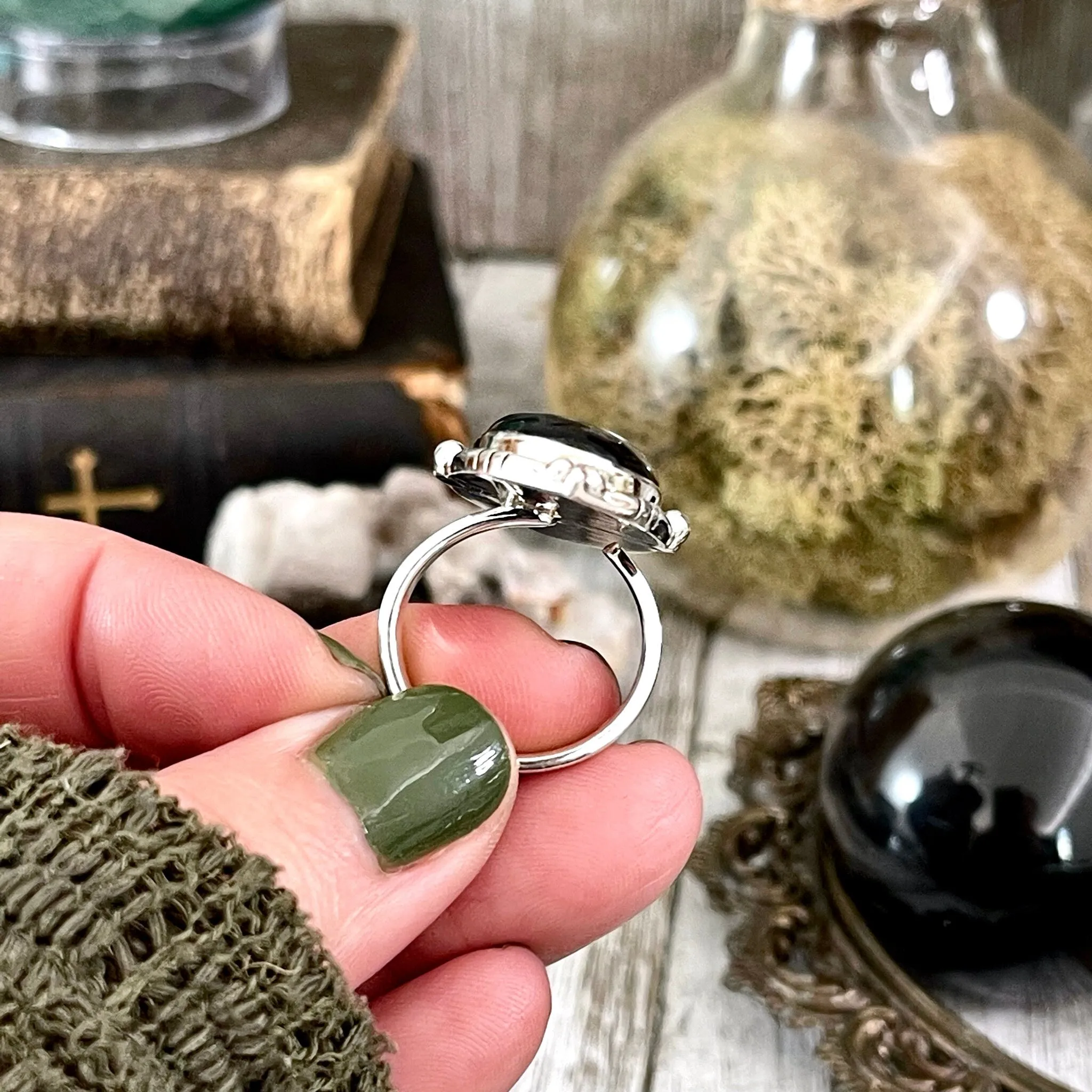 Black Onyx Oval Crystal Statement Ring in Sterling Silver - Designed by FOXLARK Collection Adjustable to Size 6 7 8 9 | Stone Ring