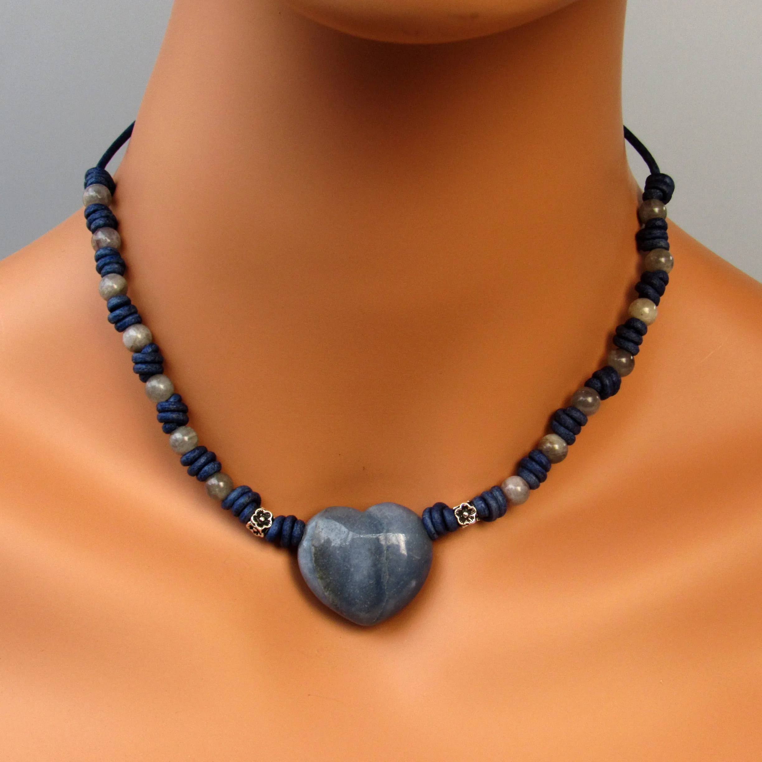 Blue Aventurine gemstone Heart, Labradorite, and Sterling Silver Leather Choker