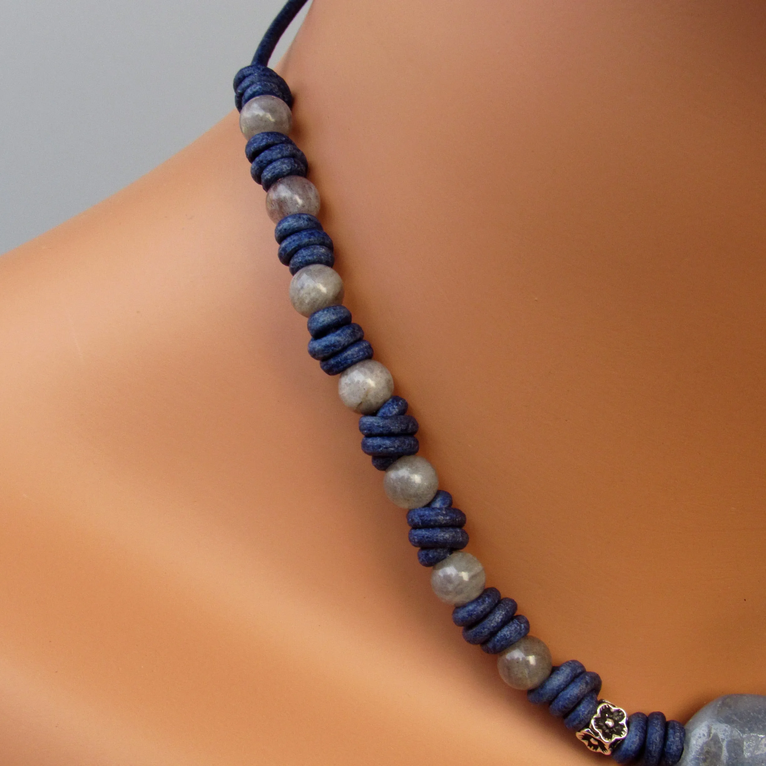 Blue Aventurine gemstone Heart, Labradorite, and Sterling Silver Leather Choker