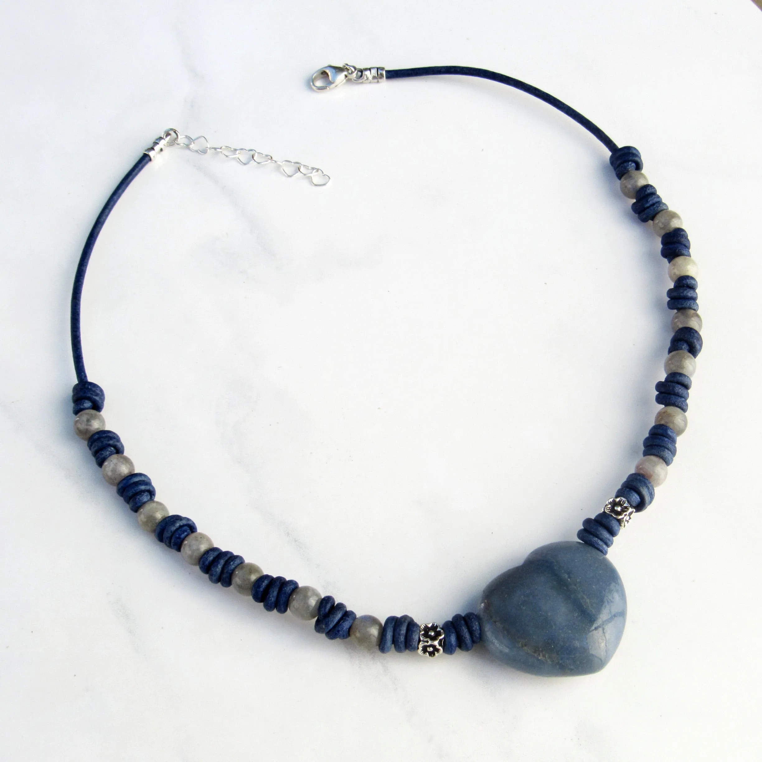 Blue Aventurine gemstone Heart, Labradorite, and Sterling Silver Leather Choker