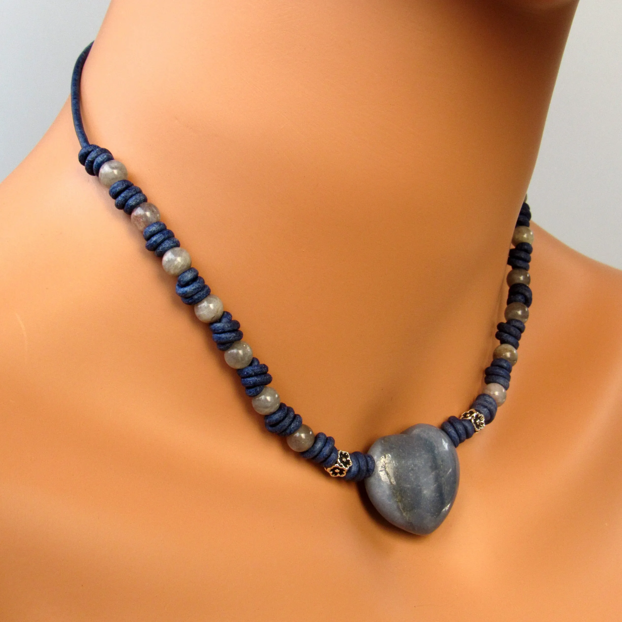 Blue Aventurine gemstone Heart, Labradorite, and Sterling Silver Leather Choker