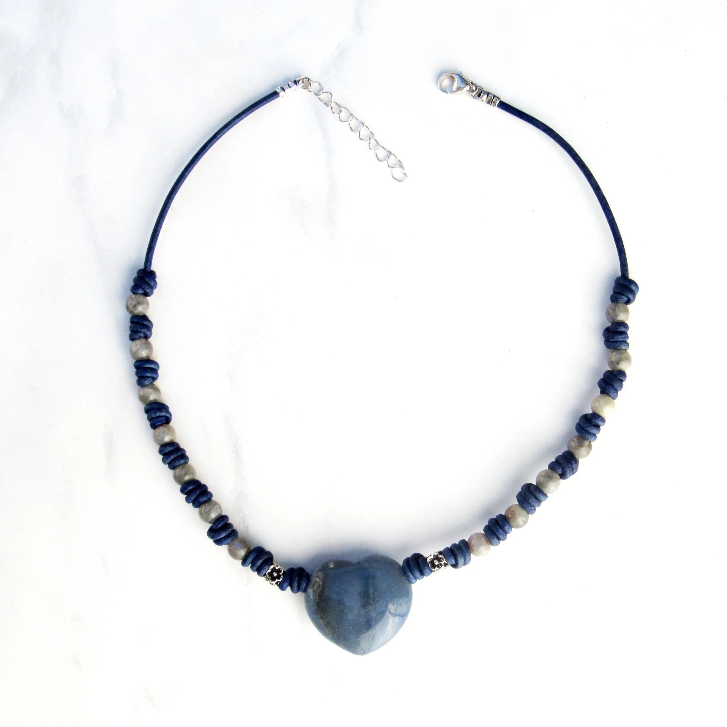 Blue Aventurine gemstone Heart, Labradorite, and Sterling Silver Leather Choker