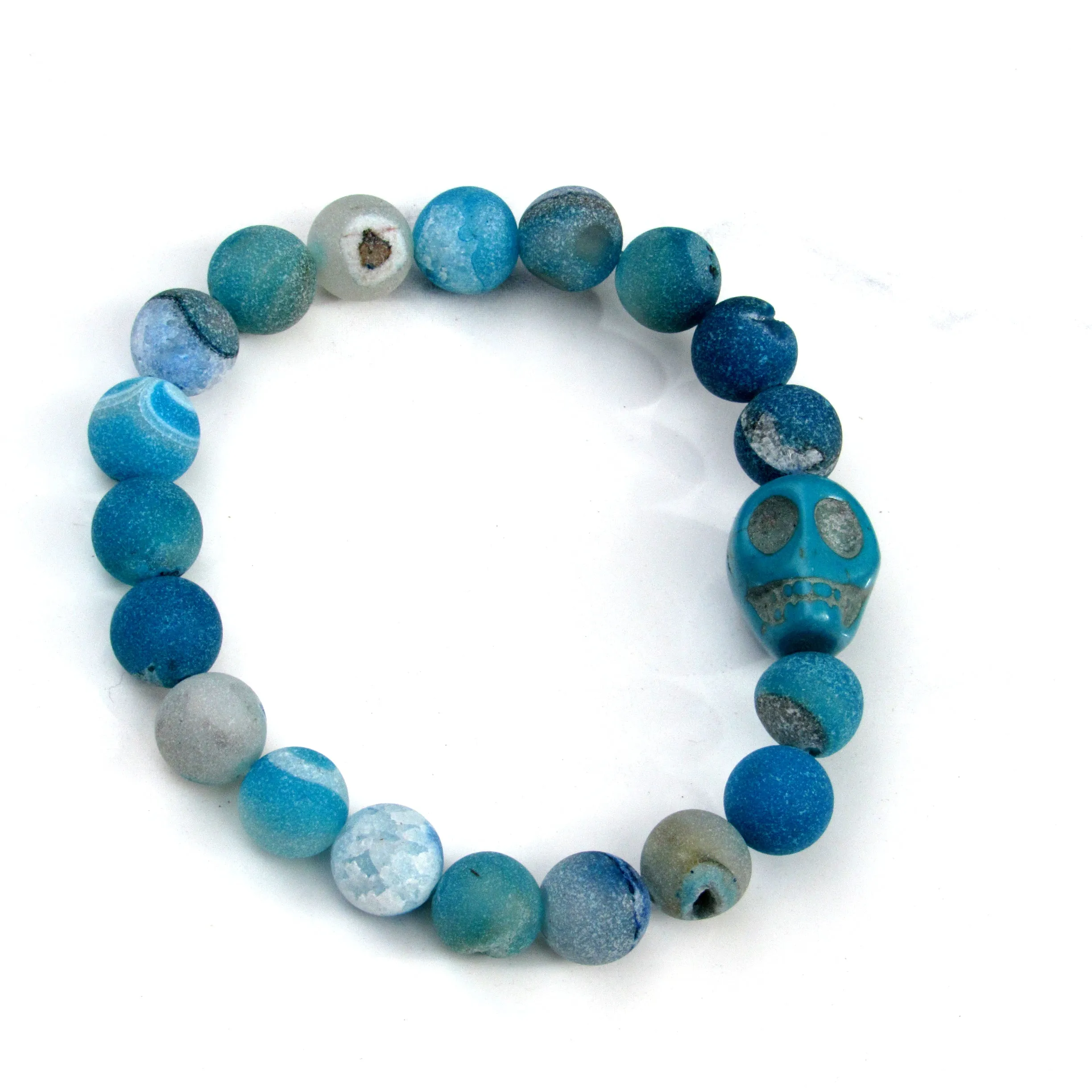 Blue Druzy Agate gemstones and Howlite Skull Stretch Bracelet