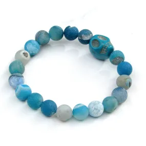 Blue Druzy Agate gemstones and Howlite Skull Stretch Bracelet