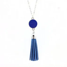 Blue Enameled Disc and Tassel Long Necklace