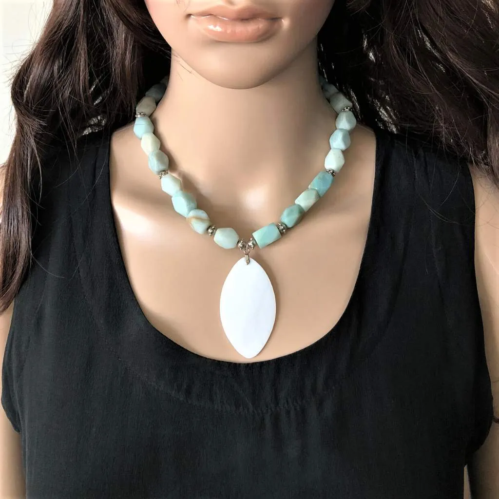 Blue Green Amazonite and White Shell Pendant Beaded Necklace