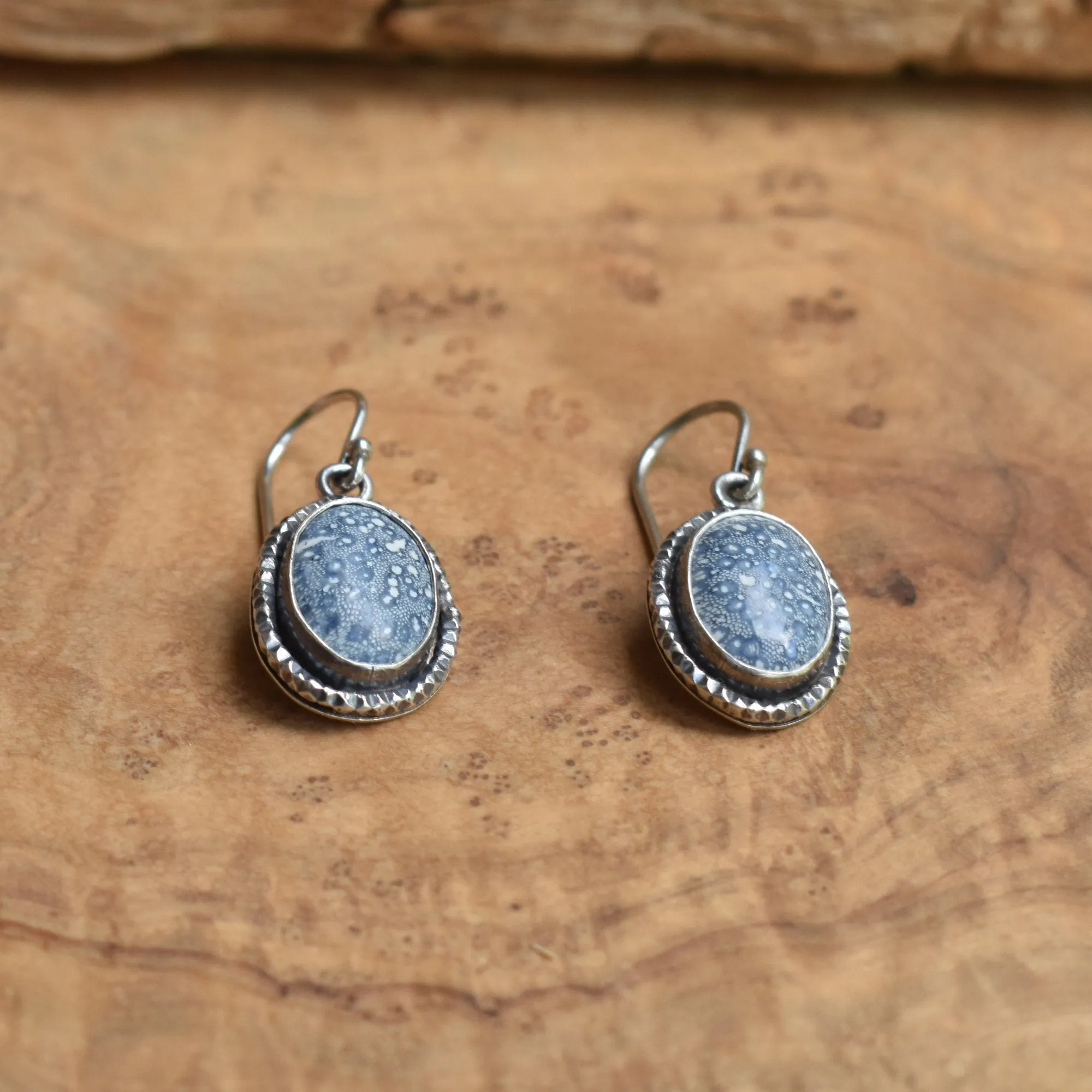 Blue Sponge Coral Earrings - Hammered Silver Drop Earrings - .925 Sterling Silver - Silversmith