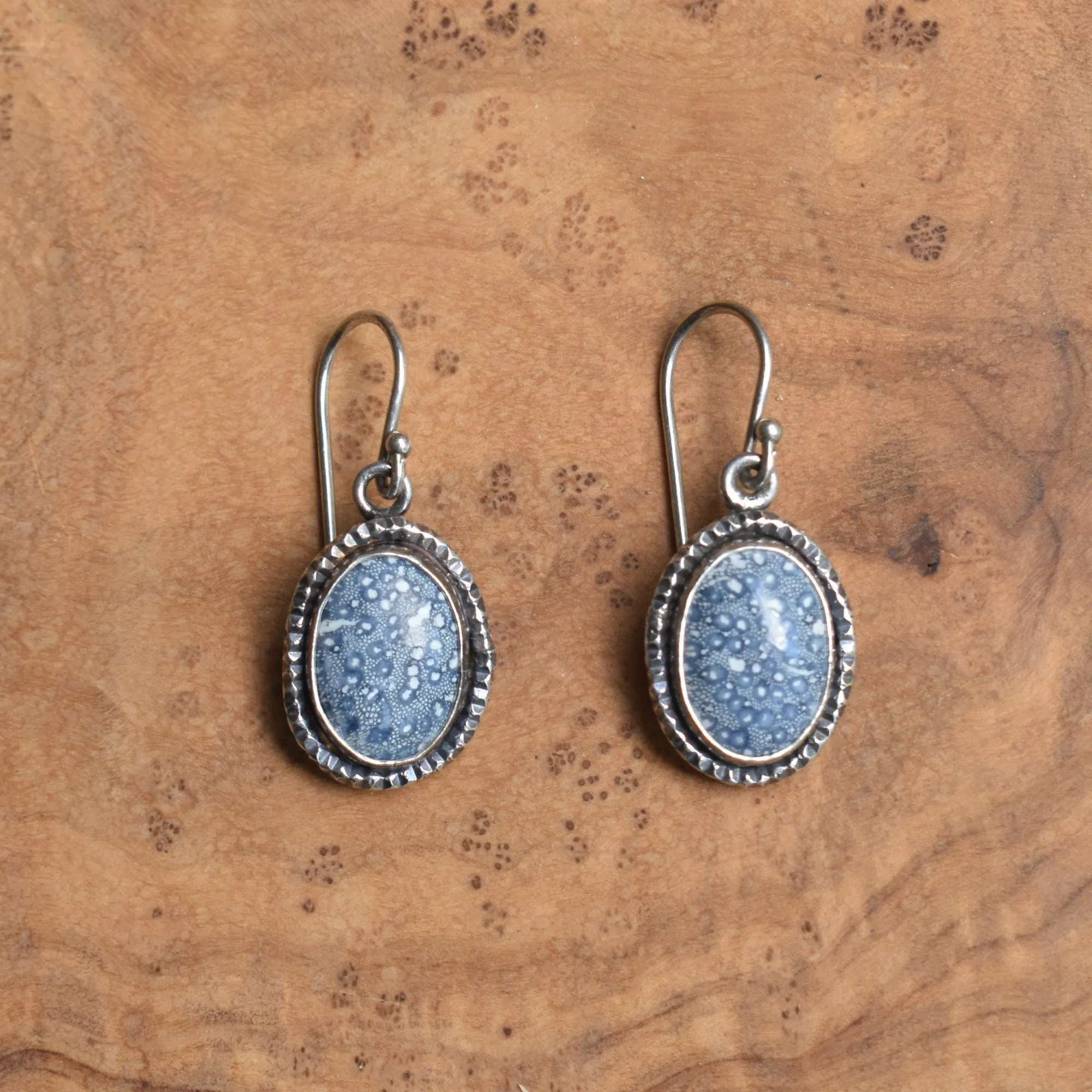 Blue Sponge Coral Earrings - Hammered Silver Drop Earrings - .925 Sterling Silver - Silversmith