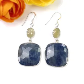 BLUE YELLOW SAPPHIRE Gemstone Earring : 10.61gms Natural Sapphire 925 Sterling Silver Drop Dangle Bezel Set Hook Earrings 2.25"