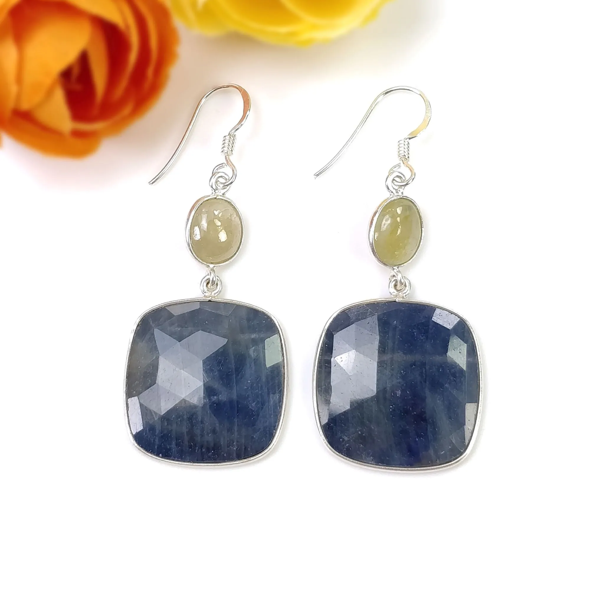 BLUE YELLOW SAPPHIRE Gemstone Earring : 10.61gms Natural Sapphire 925 Sterling Silver Drop Dangle Bezel Set Hook Earrings 2.25"