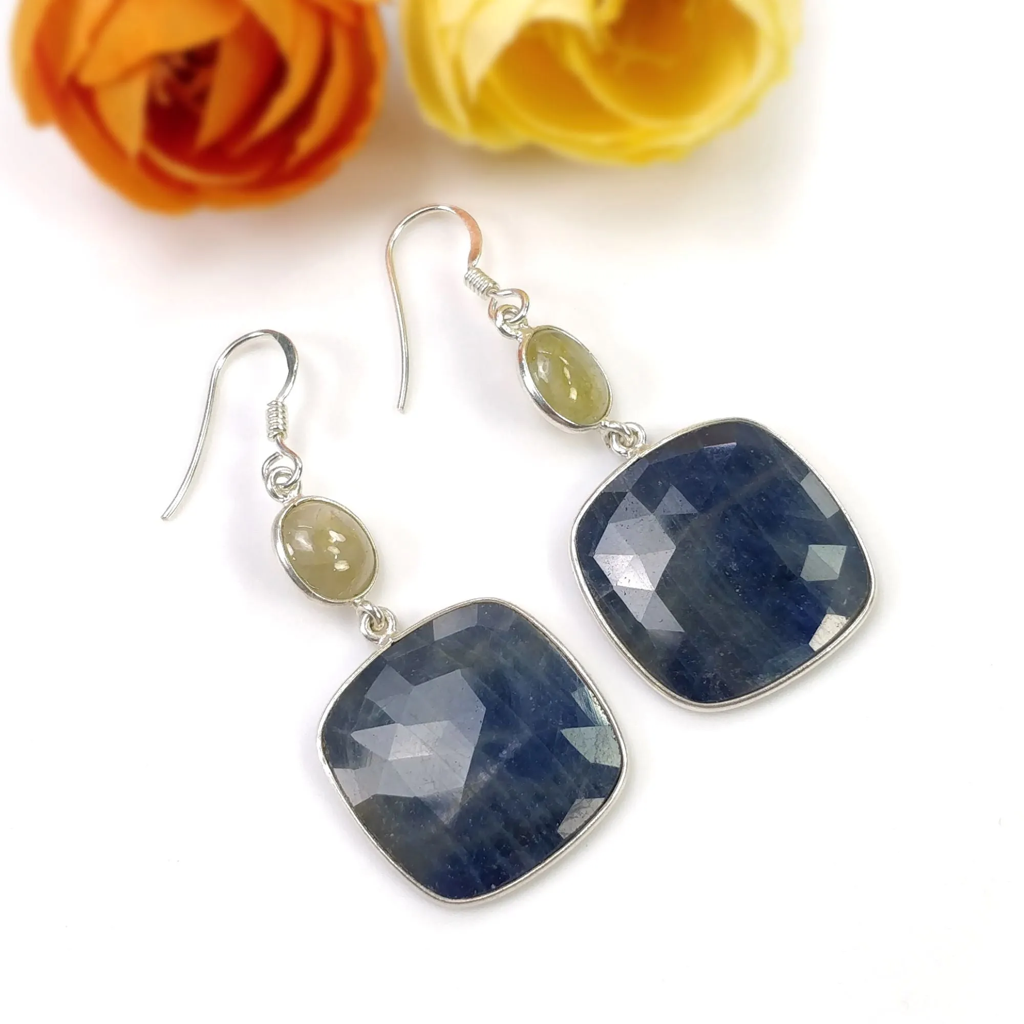 BLUE YELLOW SAPPHIRE Gemstone Earring : 10.61gms Natural Sapphire 925 Sterling Silver Drop Dangle Bezel Set Hook Earrings 2.25"