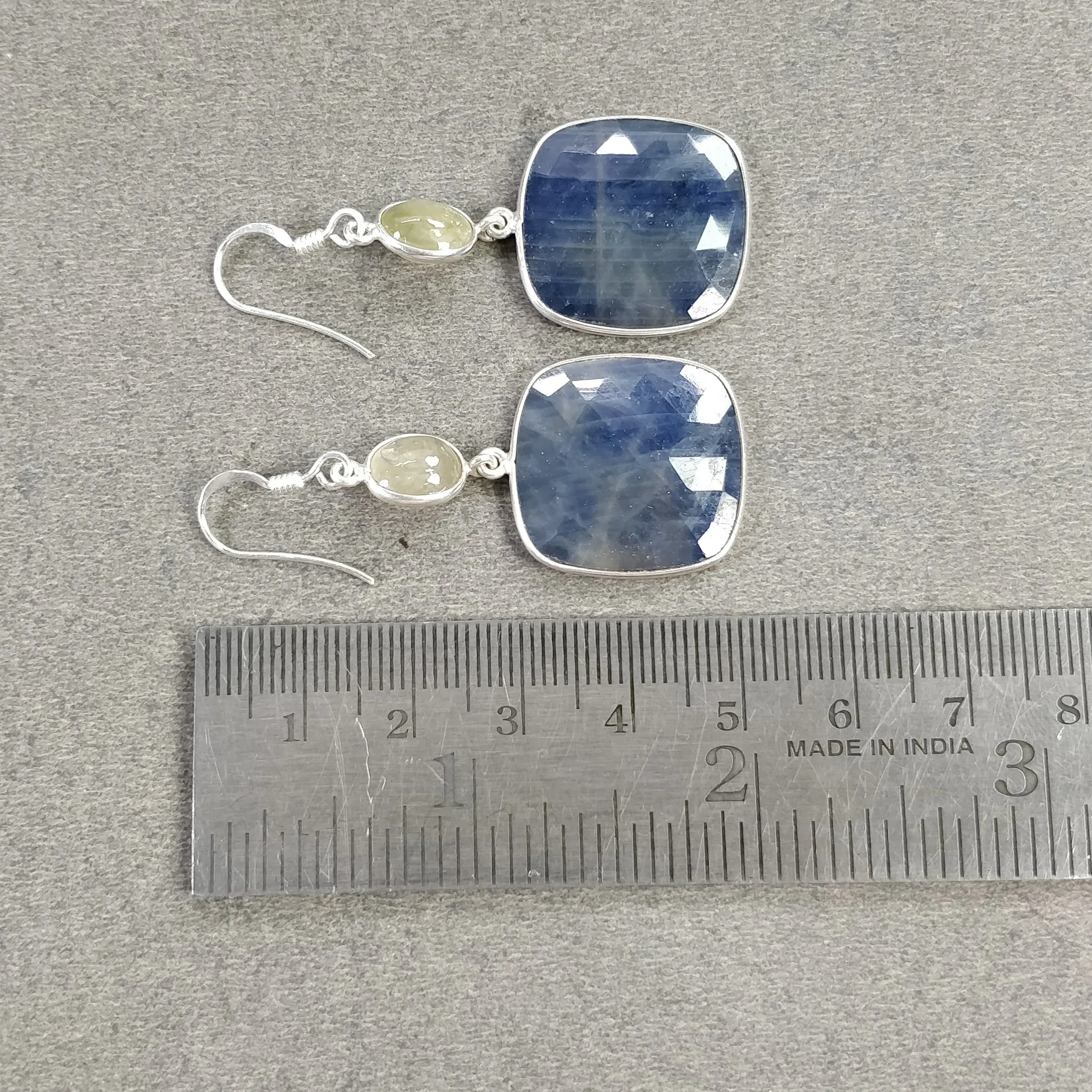 BLUE YELLOW SAPPHIRE Gemstone Earring : 10.61gms Natural Sapphire 925 Sterling Silver Drop Dangle Bezel Set Hook Earrings 2.25"