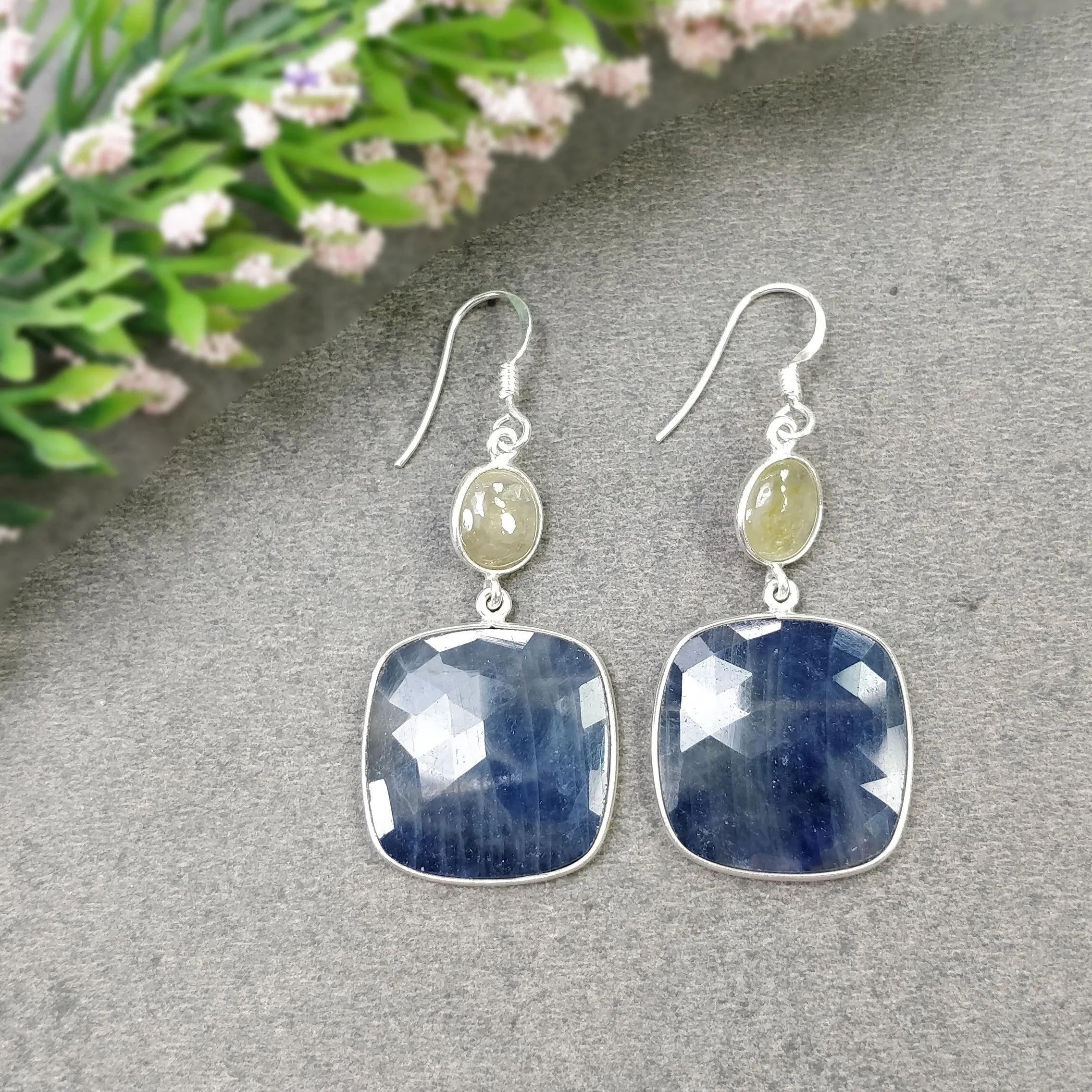 BLUE YELLOW SAPPHIRE Gemstone Earring : 10.61gms Natural Sapphire 925 Sterling Silver Drop Dangle Bezel Set Hook Earrings 2.25"