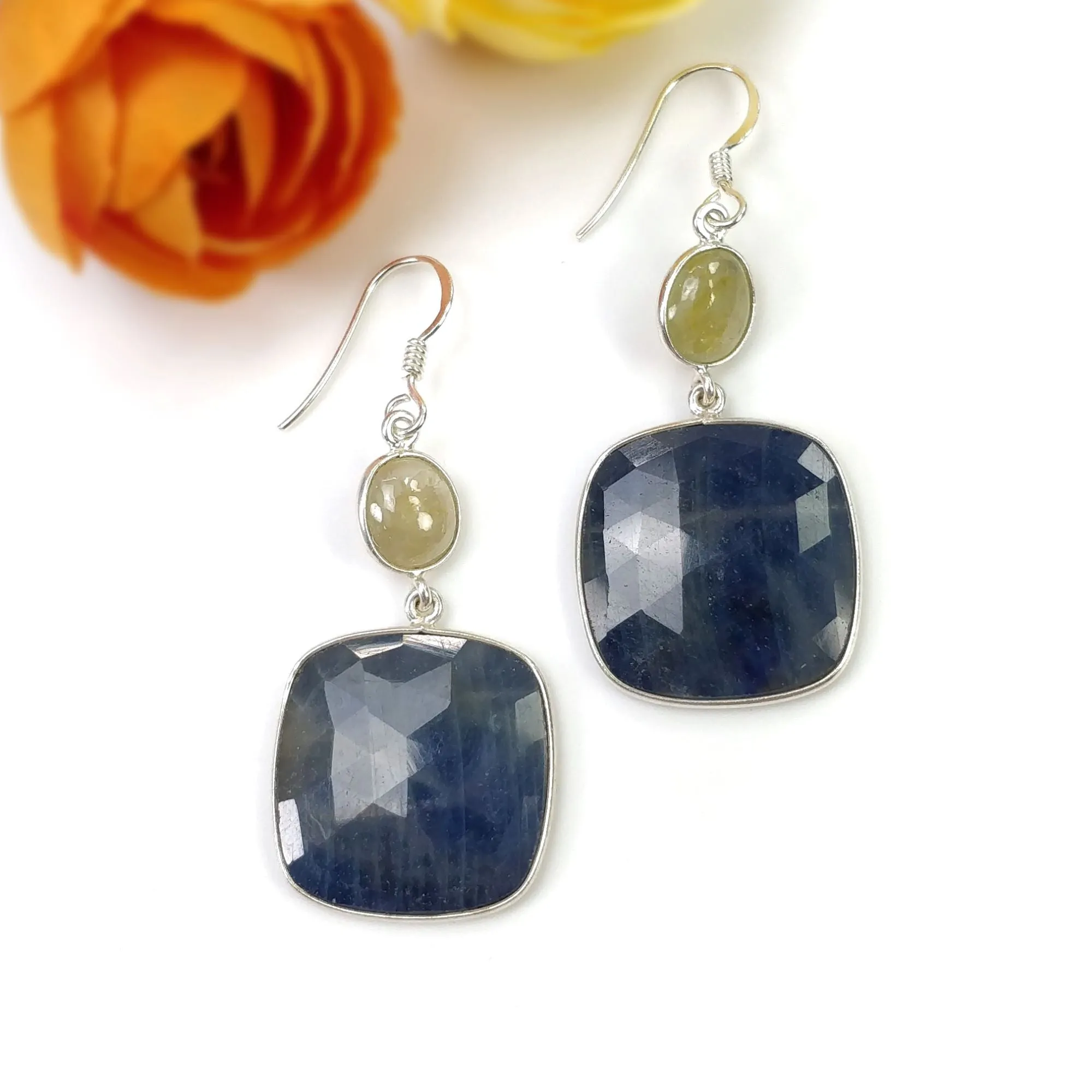 BLUE YELLOW SAPPHIRE Gemstone Earring : 10.61gms Natural Sapphire 925 Sterling Silver Drop Dangle Bezel Set Hook Earrings 2.25"