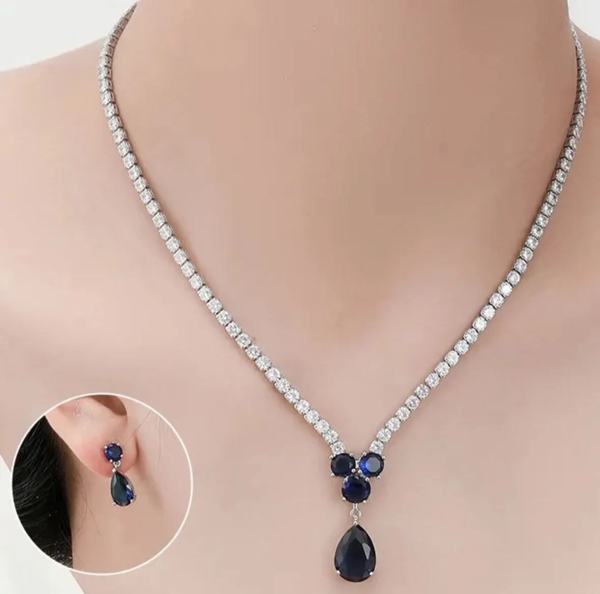 Elegant Blue Zircon Necklace Set with Matching Earrings