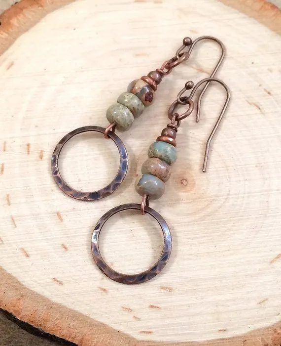 Boho Dangle Earrings, Copper Earrings, Bohemian Earrings, Stone Jewelry, Copper Dangle Earrings