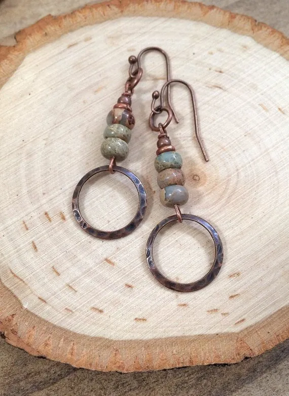 Boho Dangle Earrings, Copper Earrings, Bohemian Earrings, Stone Jewelry, Copper Dangle Earrings