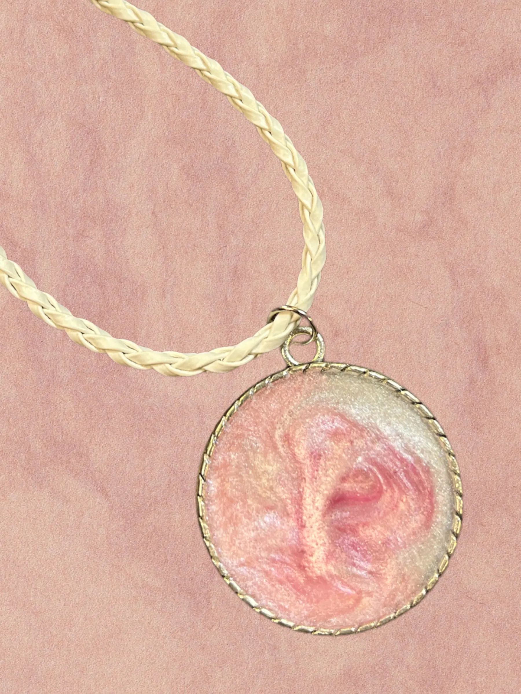 Breast Cancer Awareness Pendant On A White Leather Cord