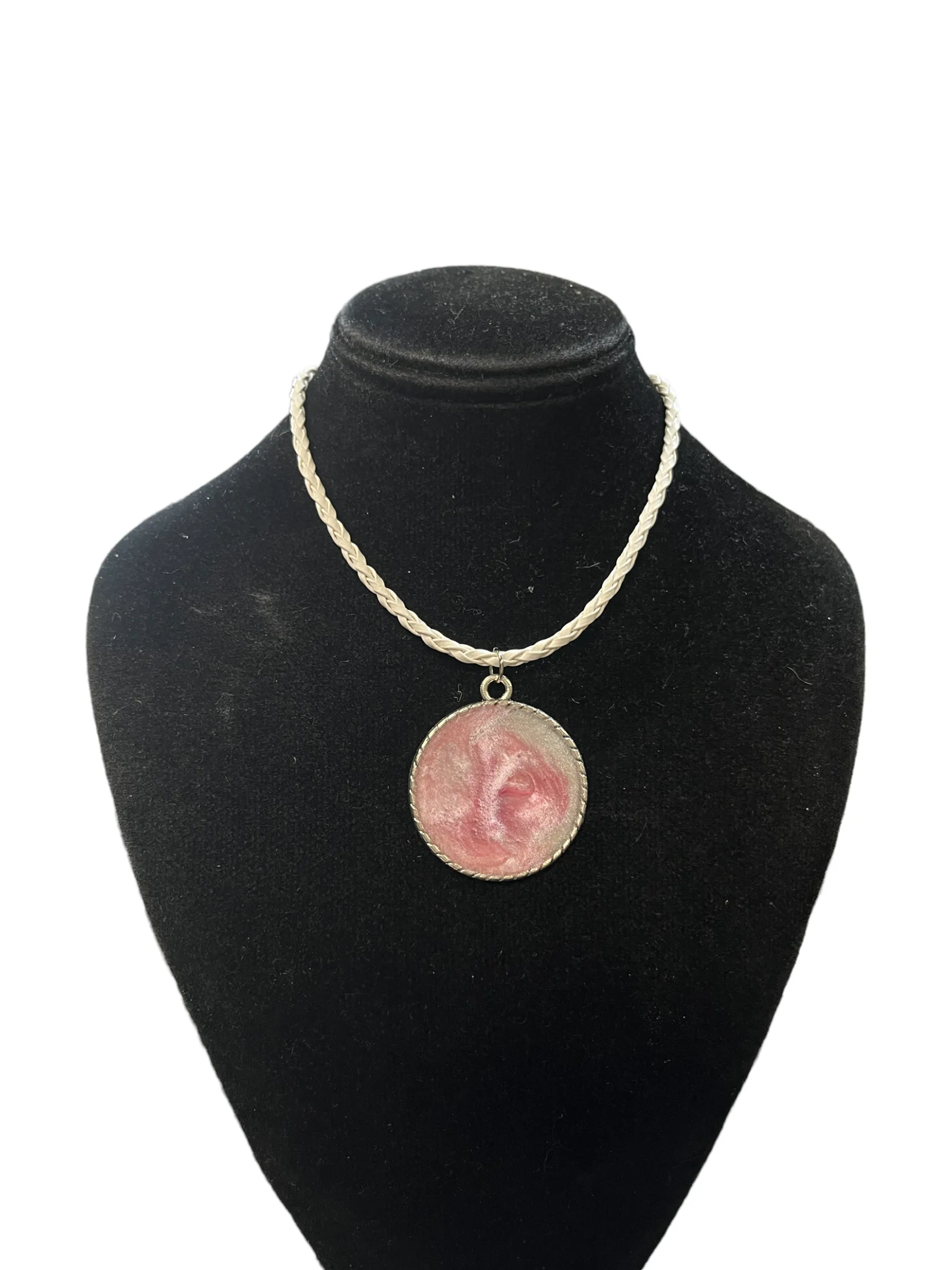 Breast Cancer Awareness Pendant On A White Leather Cord