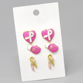 Breast Cancer Pink Ribbon Theme Stud Earring Set