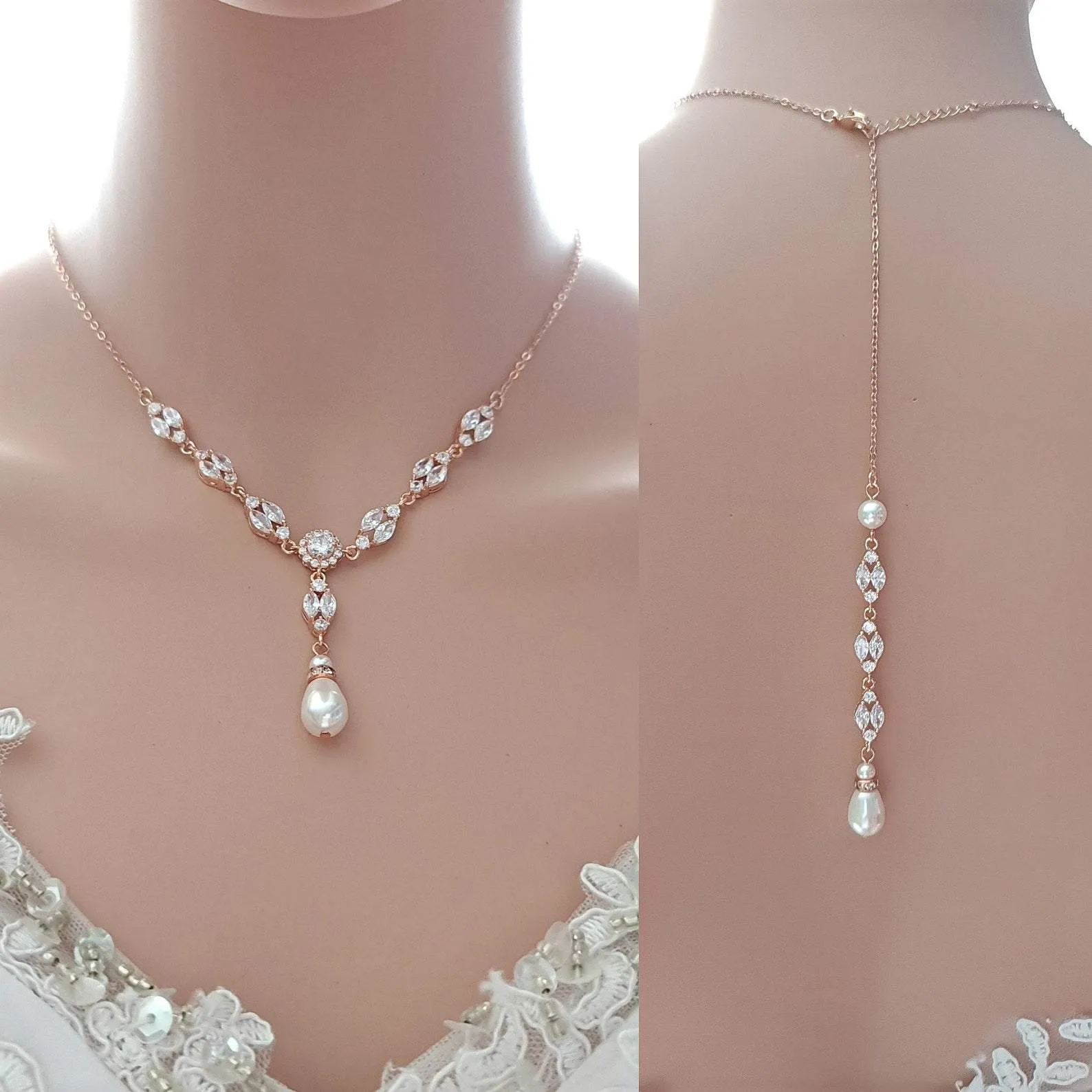 Bridal Back Necklace with Pearl & Crystal Backdrop for Weddings- Hayley