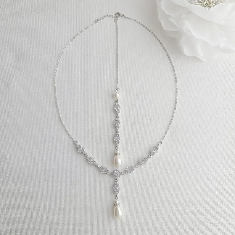 Bridal Back Necklace with Pearl & Crystal Backdrop for Weddings- Hayley