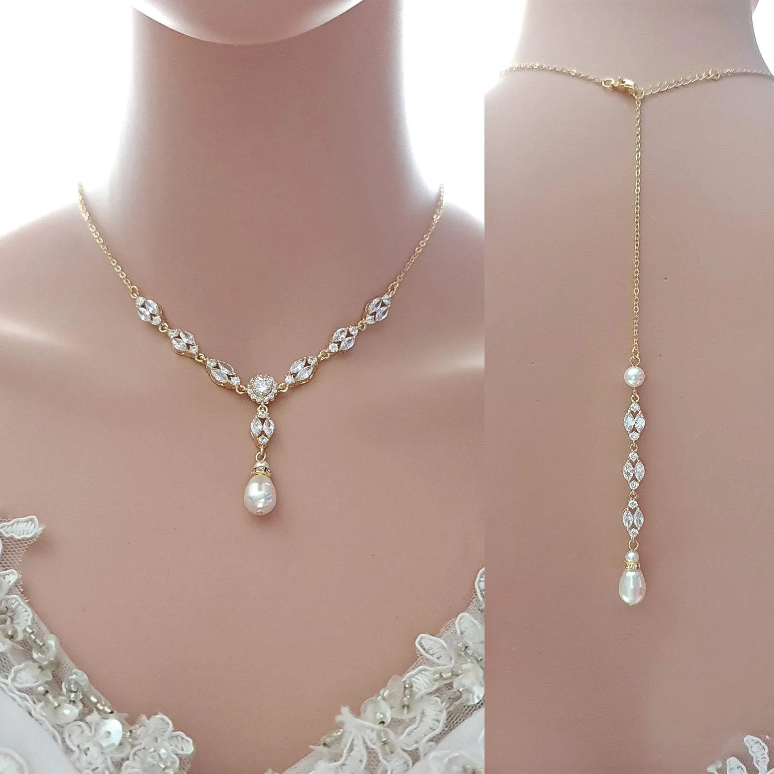 Bridal Back Necklace with Pearl & Crystal Backdrop for Weddings- Hayley