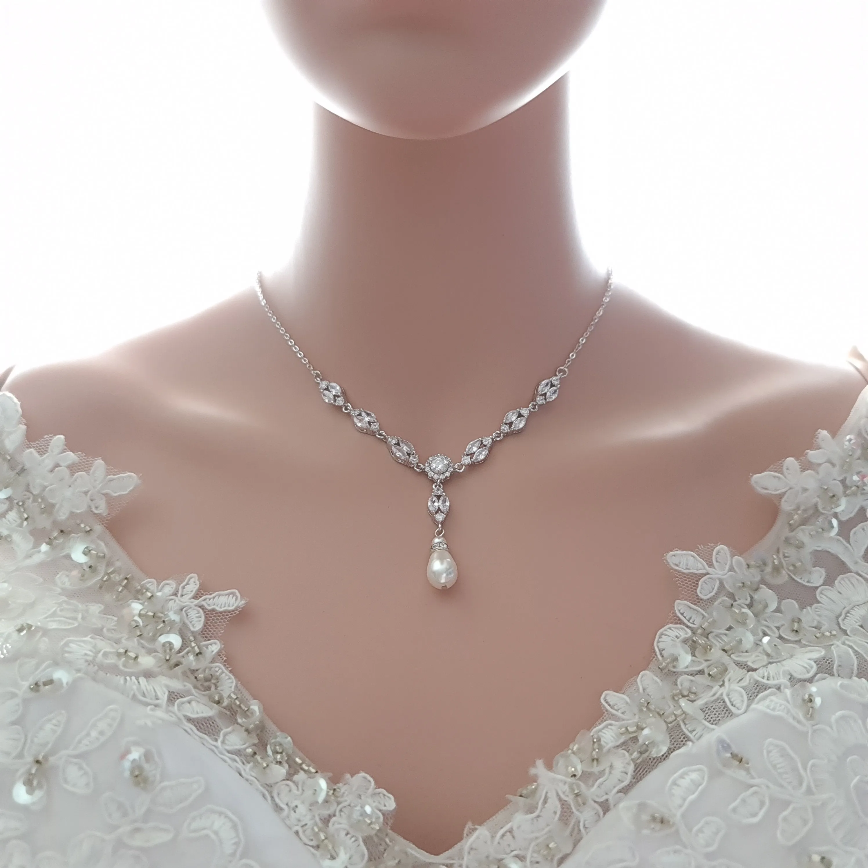 Bridal Back Necklace with Pearl & Crystal Backdrop for Weddings- Hayley