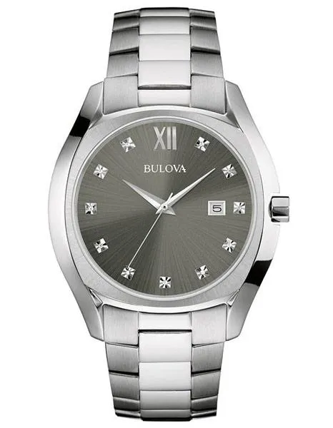 Bulova Mens Diamond Dress Watch - Gray Dial - Stainless Steel Case and Bracelet