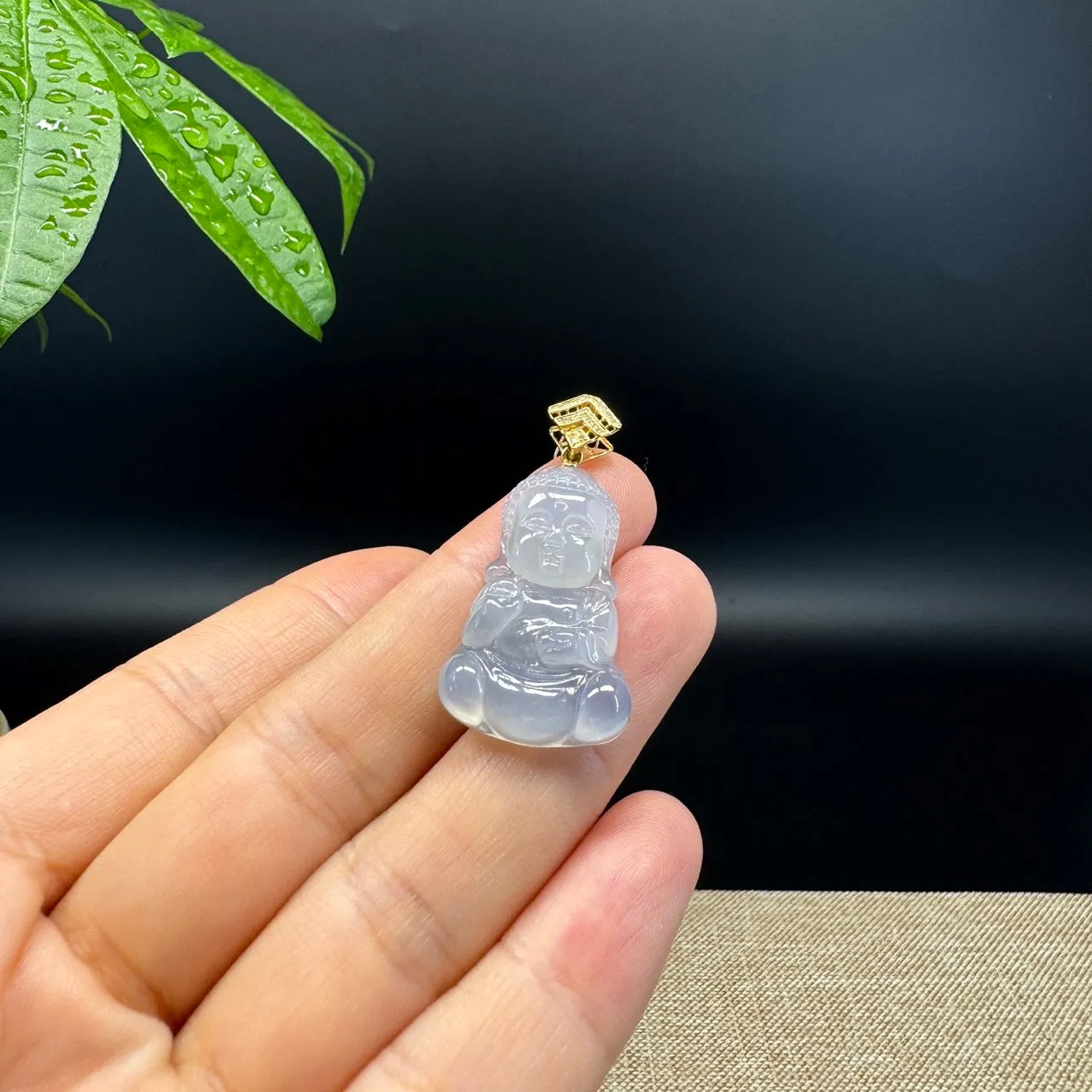 Burmese Icy lavender Jadeite Jade Happy Baby Buddha Pendant with Gold and Diamond Bail