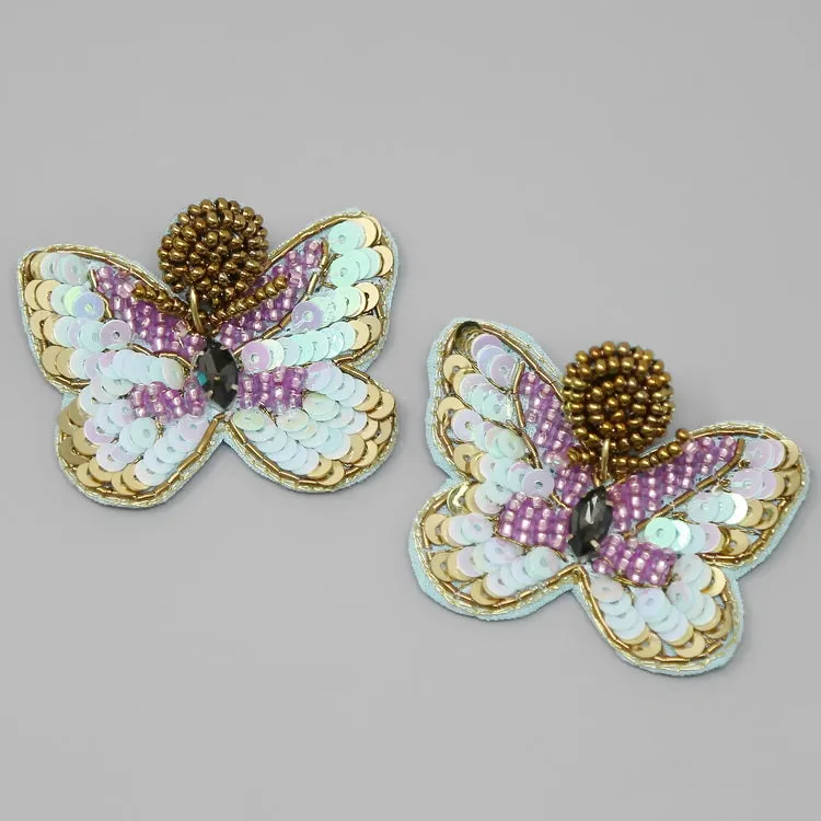 Butterfly Sequin & Seed Beaded Drop Earrings