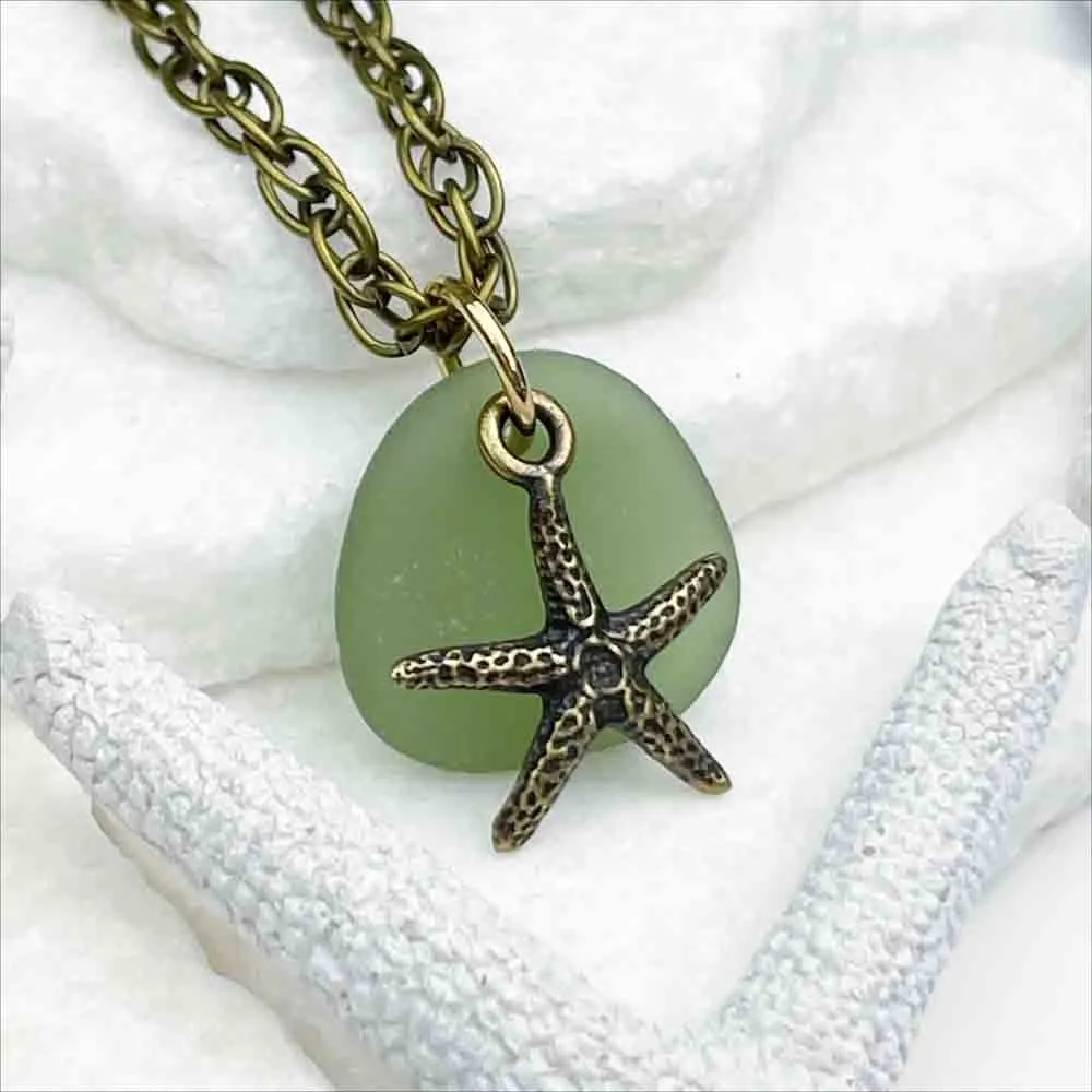 Champagne Green Sea Glass Gumdrop Pendant with a Bronze Starfish Charm | #5125