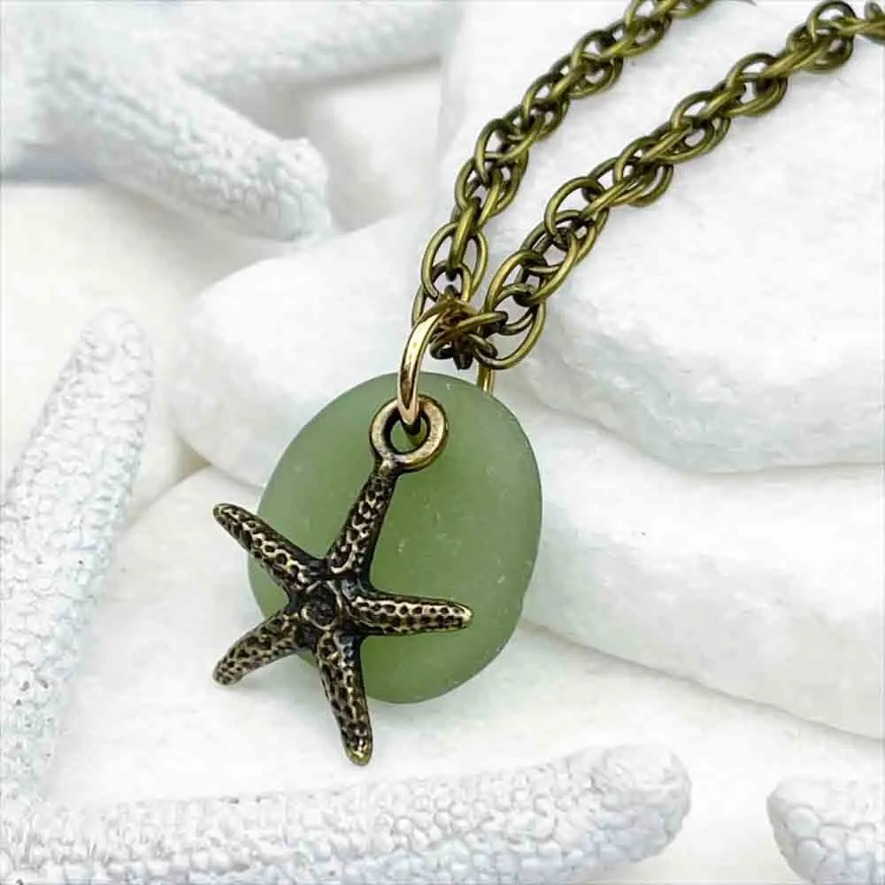 Champagne Green Sea Glass Gumdrop Pendant with a Bronze Starfish Charm | #5125