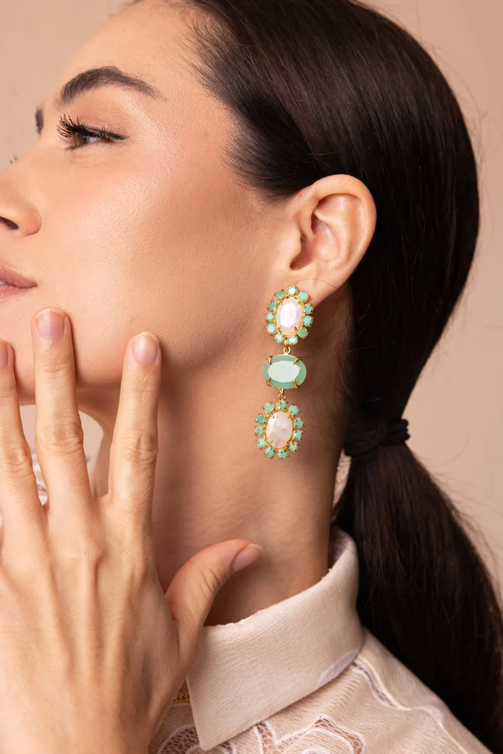 Chrysoprase Moonstone Three Drop Earrings