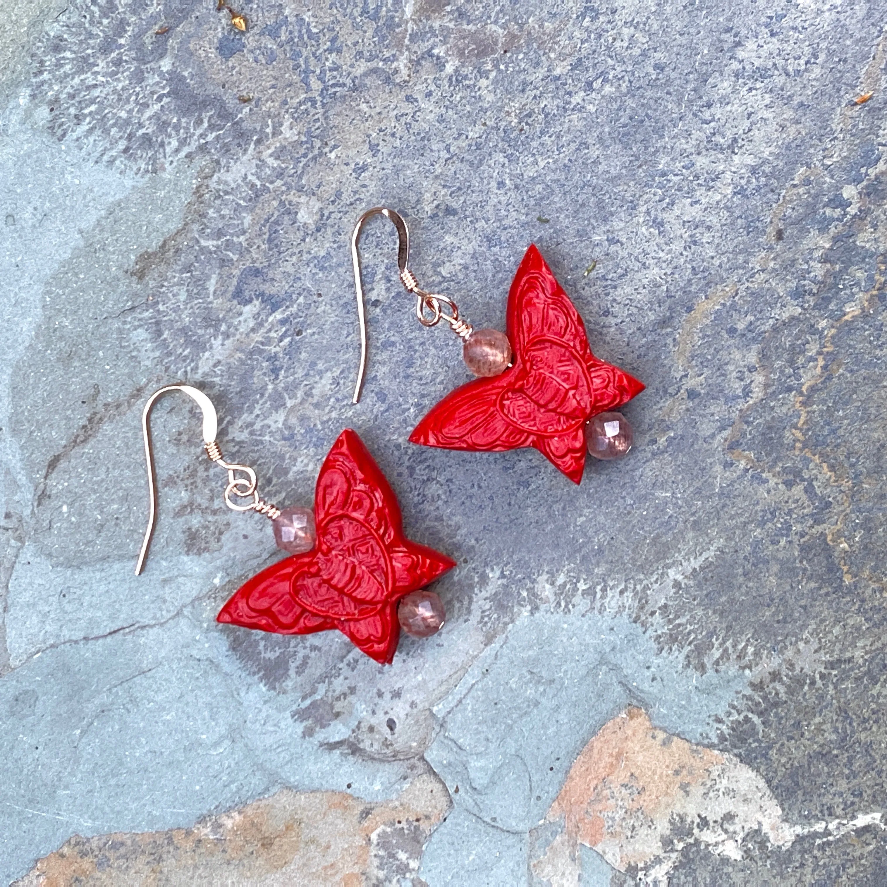 Cinnabar butterfly and Lepidocrocite gemstone e/ 14 kt Rose GF drop earrings