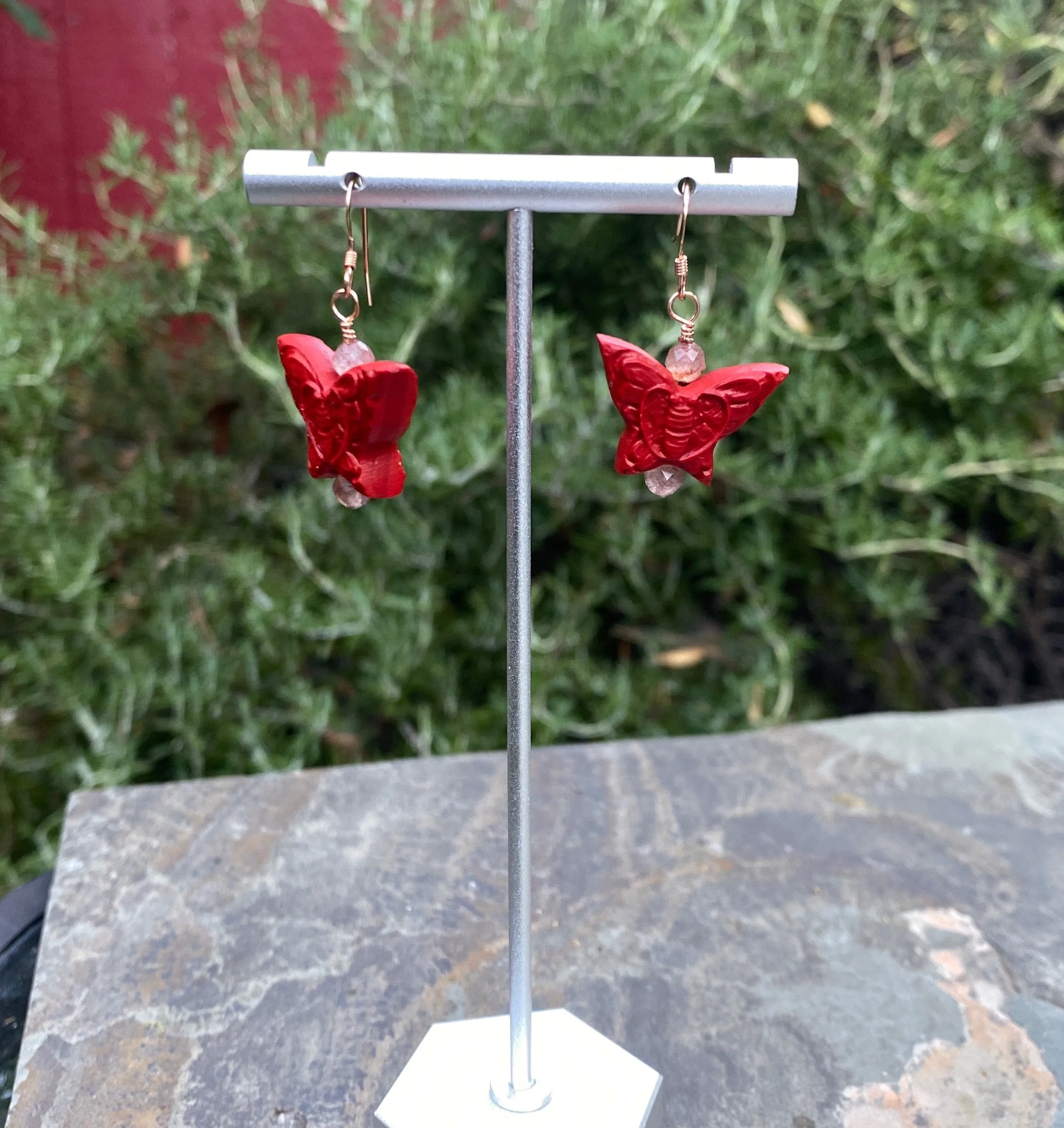 Cinnabar butterfly and Lepidocrocite gemstone e/ 14 kt Rose GF drop earrings